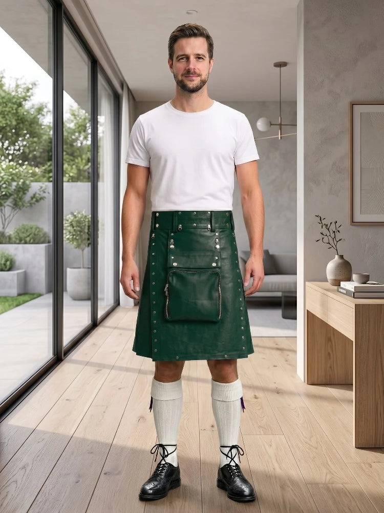 Dark Green Leather Utility Kilt Front Side