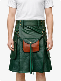 Dark Green leather kilt with brown leather pocket on a white background