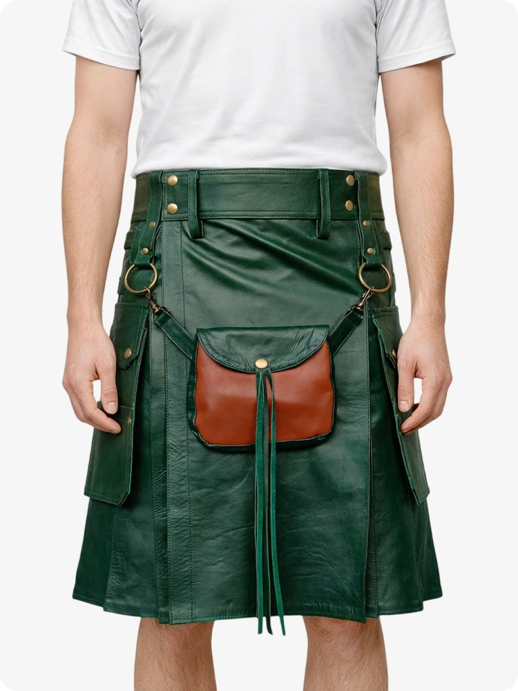 Dark Green leather kilt with brown leather pocket on a white background