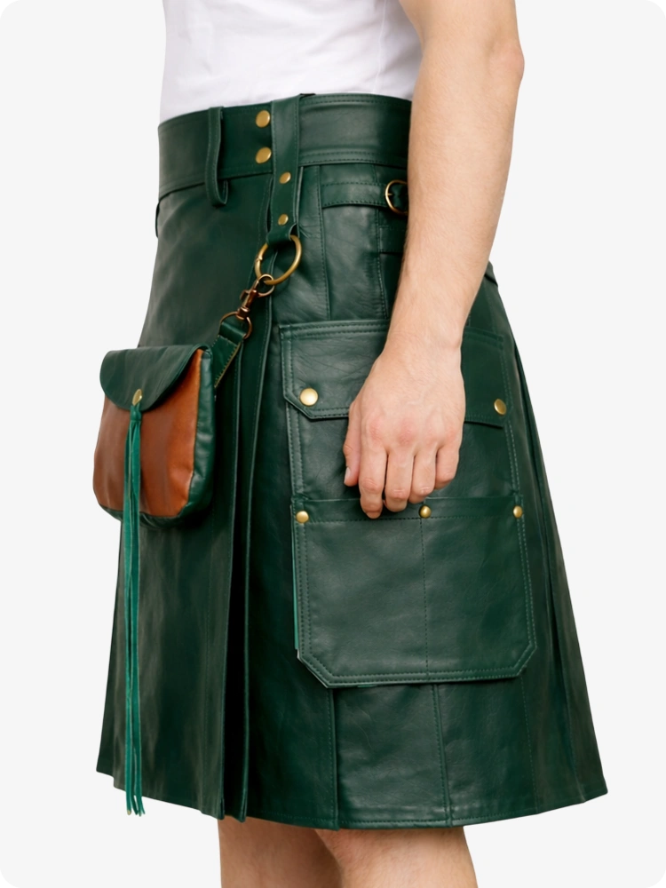 Dark Green leather kilt with brown leather pouch on a white background