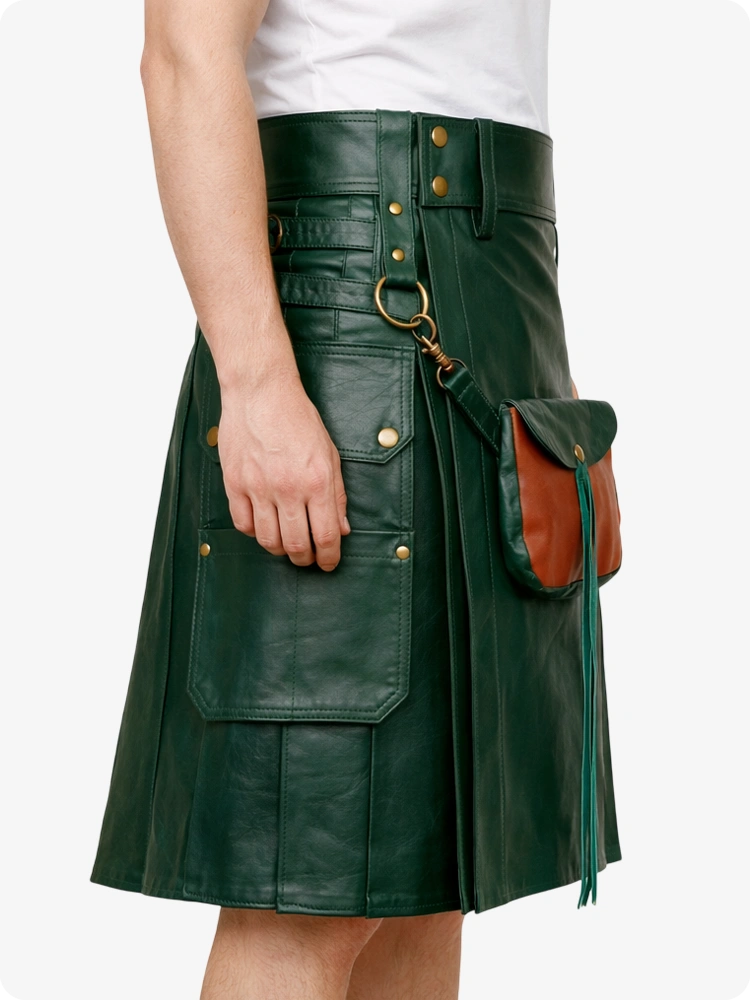 Dark Green leather kilt with brown leather pocket on a white background