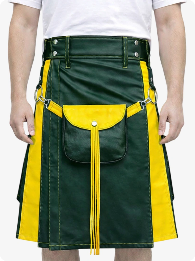 Dark Green Leather Utility Kilt with Yellow Accents & Detachable Pockets