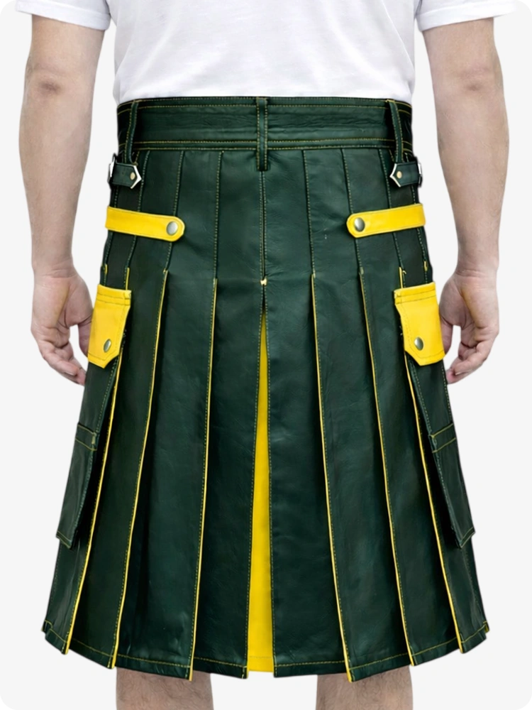 Dark Green Leather Utility Kilt with Yellow Accents & Detachable Pockets