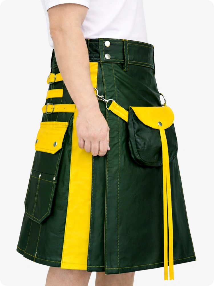 Dark Green Leather Utility Kilt with Yellow Accents & Detachable Pockets