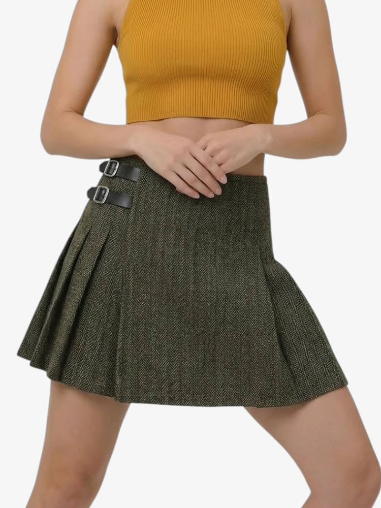 Dark Olive Green Women Tweed Kilt
