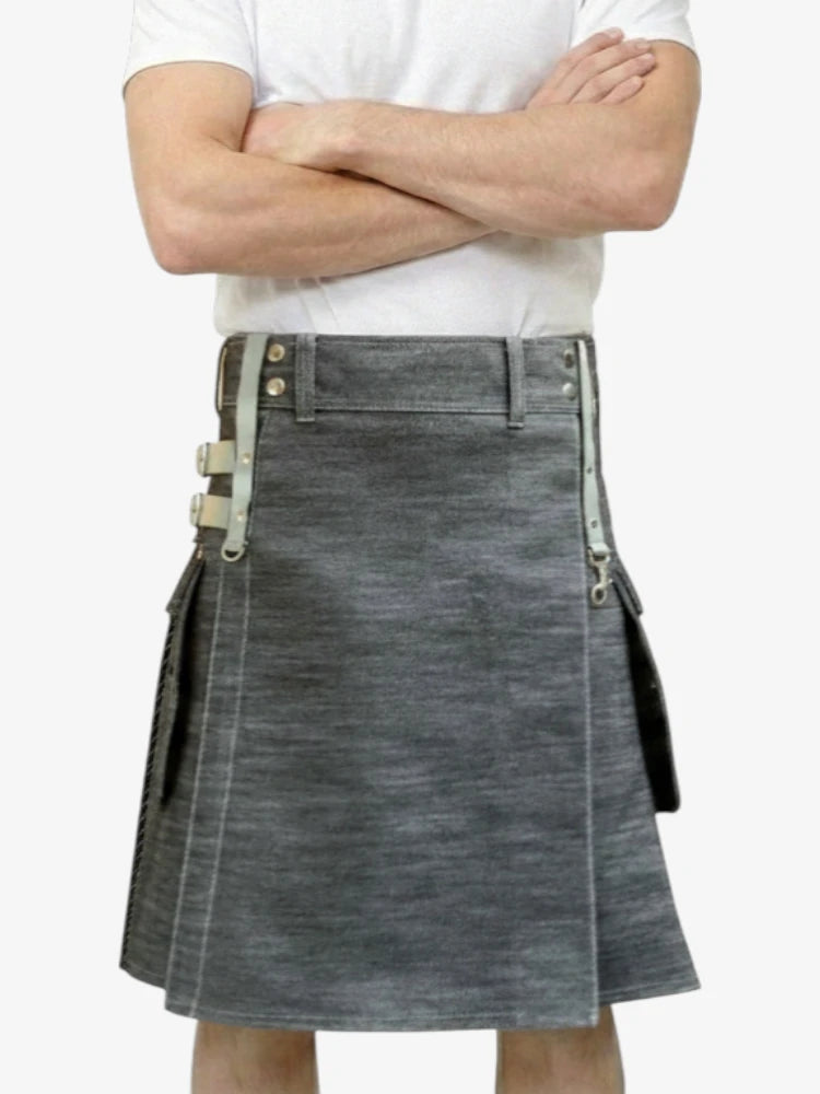 Denim Utility Kilt With Adjustable Straps