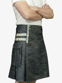 Person wearing a denim kilt with a white background