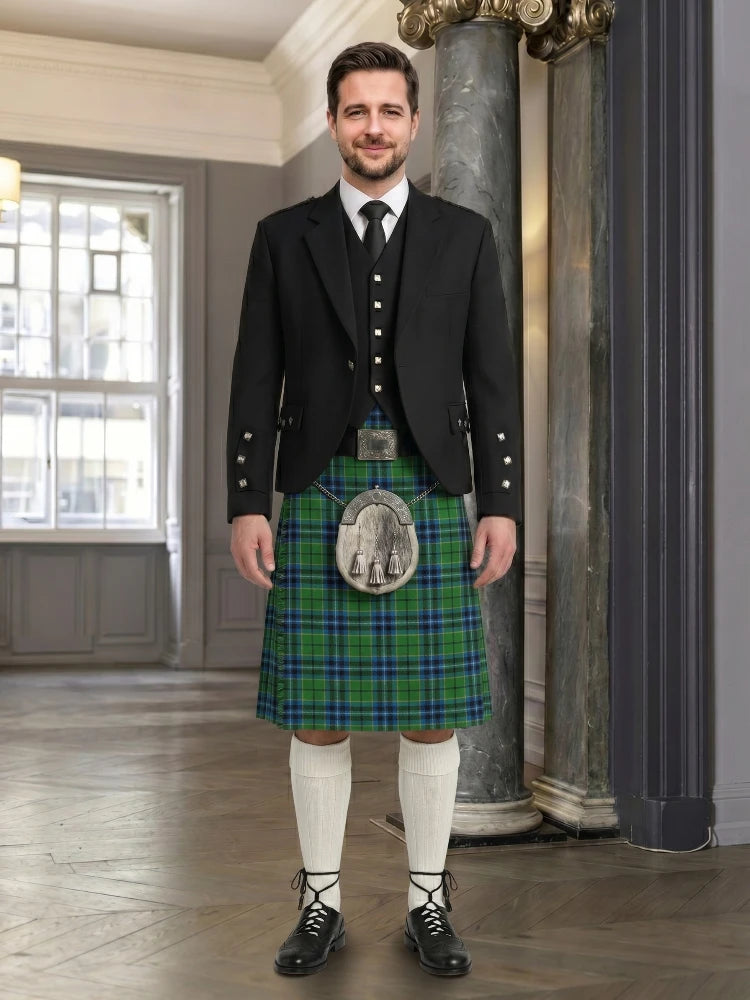 Man wearing a traditional Scottish kilt in an elegant interior setting