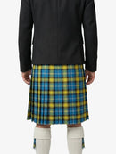 Person wearing a black coat over a blue and yellow plaid kilt on a white background