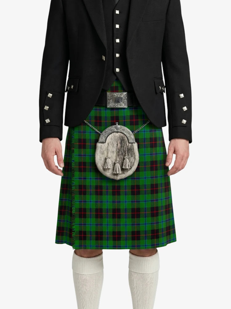 Person wearing a traditional Scottish kilt with a tartan pattern on a white background