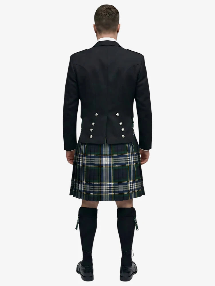 Person wearing a black prince charlie jacket and dress gordon tartan plaid kilt on a white background