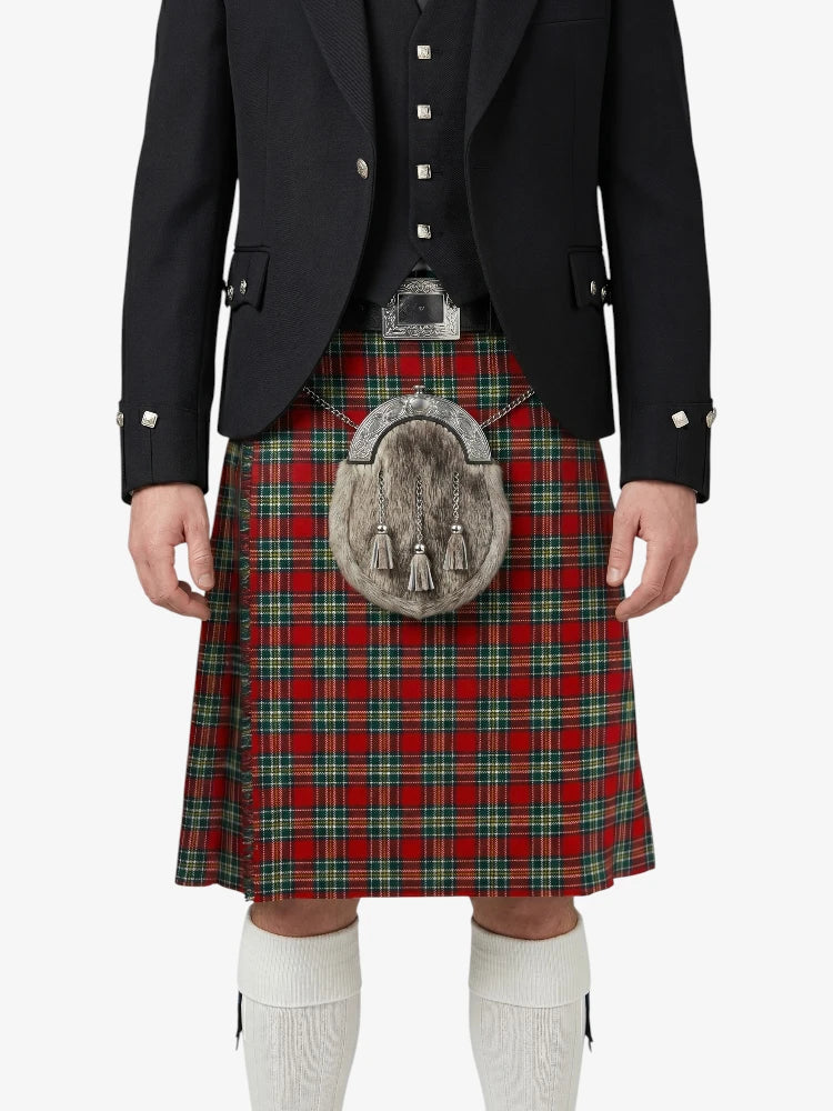 Person wearing a traditional Scottish kilt with a tartan pattern on a white background
