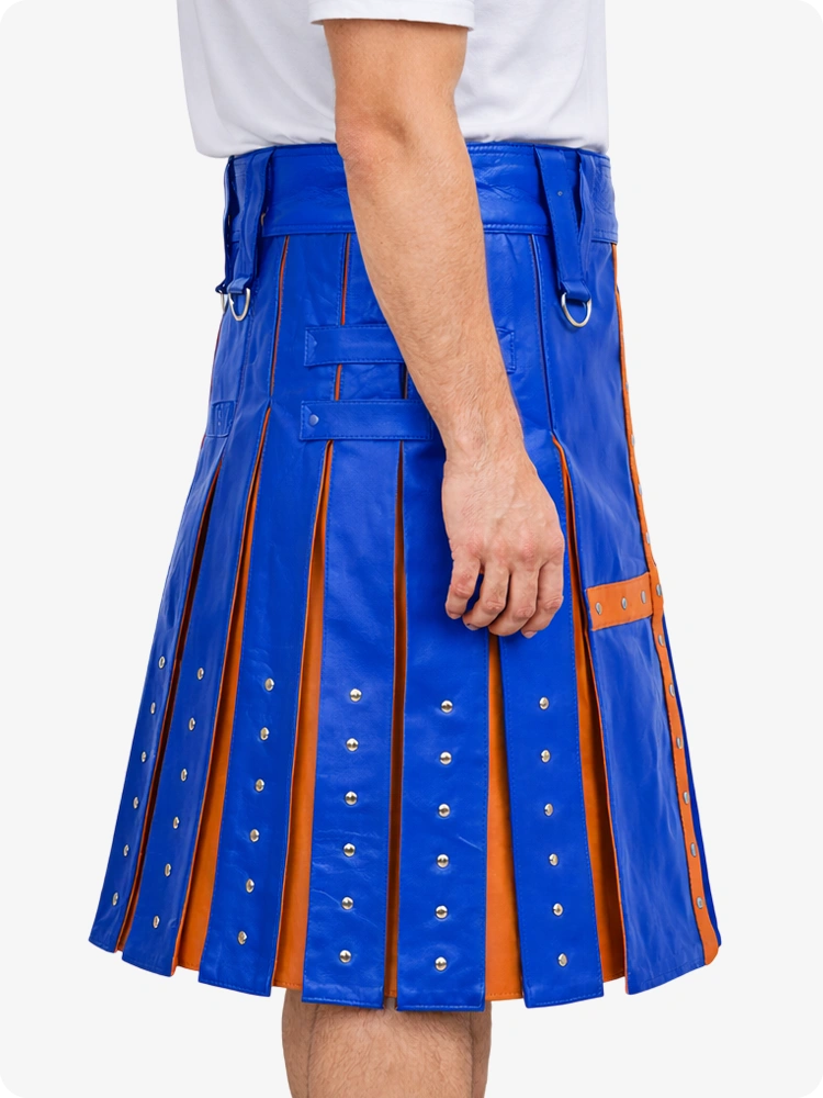Electric Blue Leather Utility Kilt with Brown Cross Panel & Metal Rivet Detailing