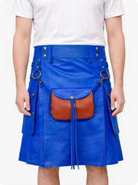 Electric Blue leather kilt with a brown leather pouch worn by a person
