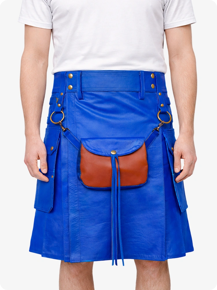 Electric Blue leather kilt with a brown leather pouch worn by a person