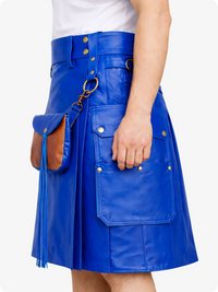 Electric Blue leather skirt with brown leather bag on a white background