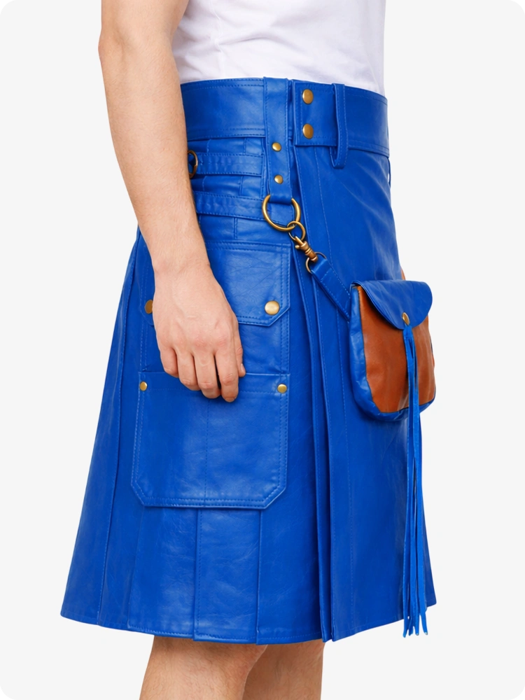 Electric Blue leather skirt with gold buttons and a brown pocket on a white background