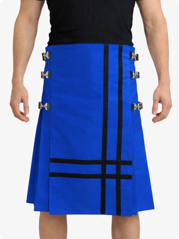 Electric Blue Leather Utility Kilt with Side Buckles & Pleated Back