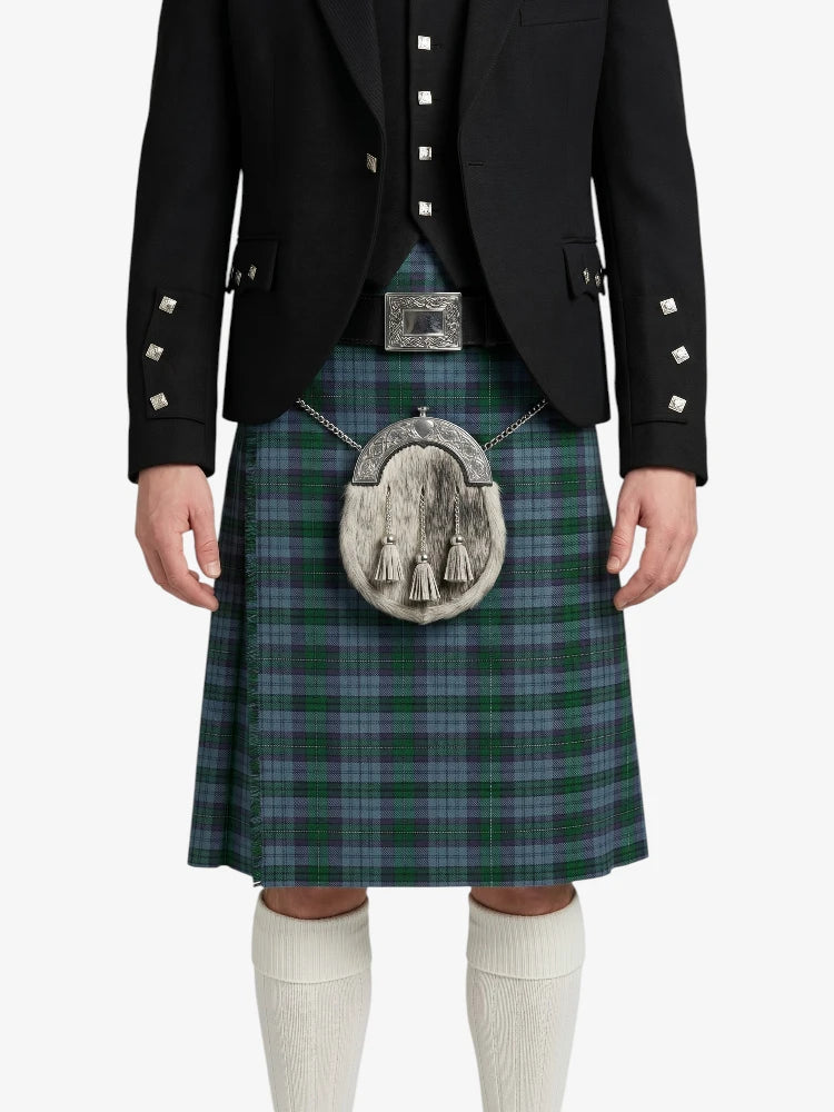 Person wearing a traditional Scottish kilt with a tartan pattern on a white background