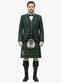 Man wearing a traditional Scottish kilt with a green jacket and tartan skirt on a white background