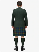 Person wearing a green jacket and tartan kilt on a white background