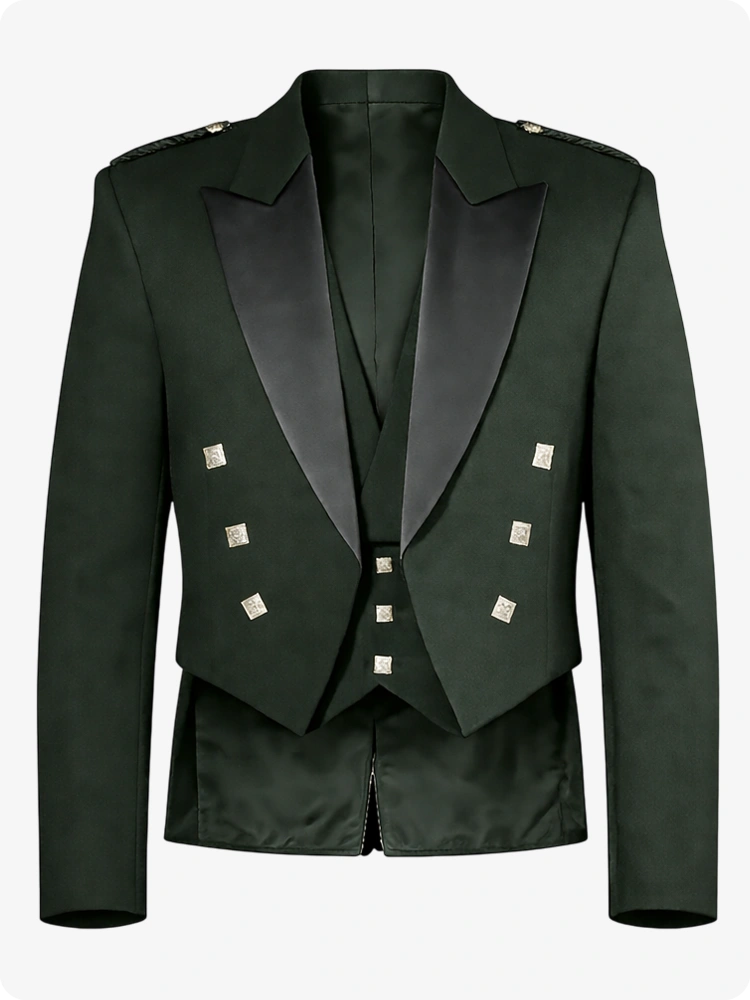 Forest Green Prince Charlie Kilt Jacket with Satin Lapels & Silver Square Buttons
