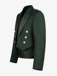 Green military-style jacket with black lapels on a white background