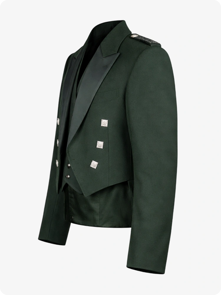 Green military-style jacket with black lapels on a white background