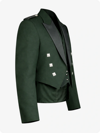 Green military-style jacket with black lapels on a white background