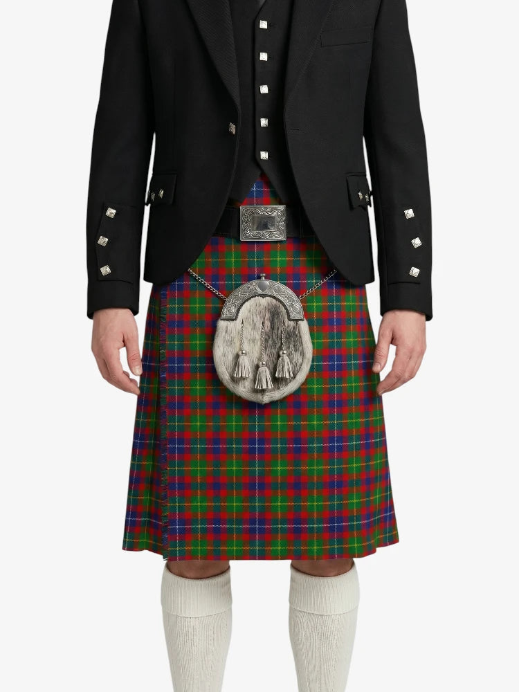 Person wearing a traditional Scottish kilt with a tartan pattern on a white background