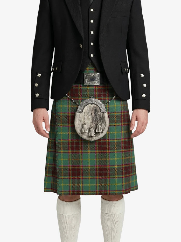 Person wearing a traditional Scottish kilt with a tartan pattern on a white background