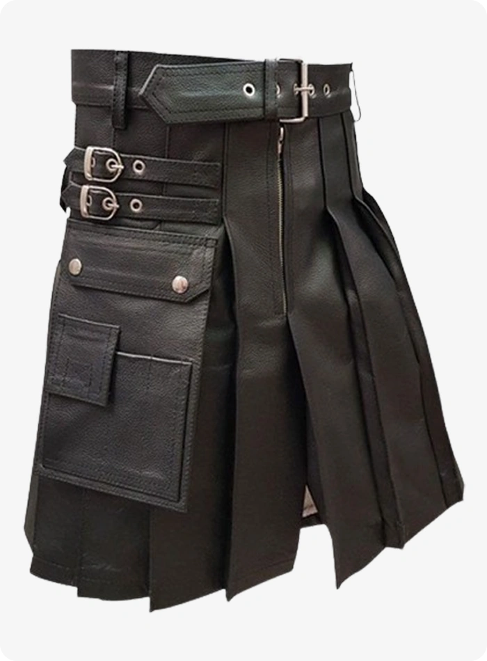 Custom Made Genuine Black Leather Kilt With Side Pocket