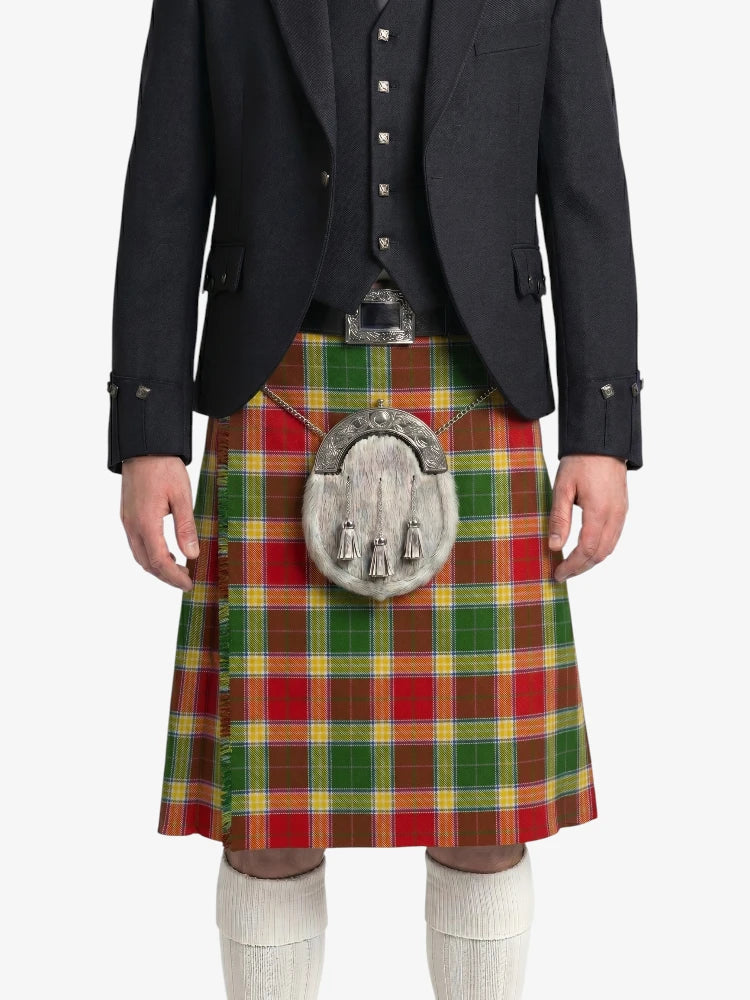 Person wearing a traditional Scottish kilt with a tartan pattern on a white background