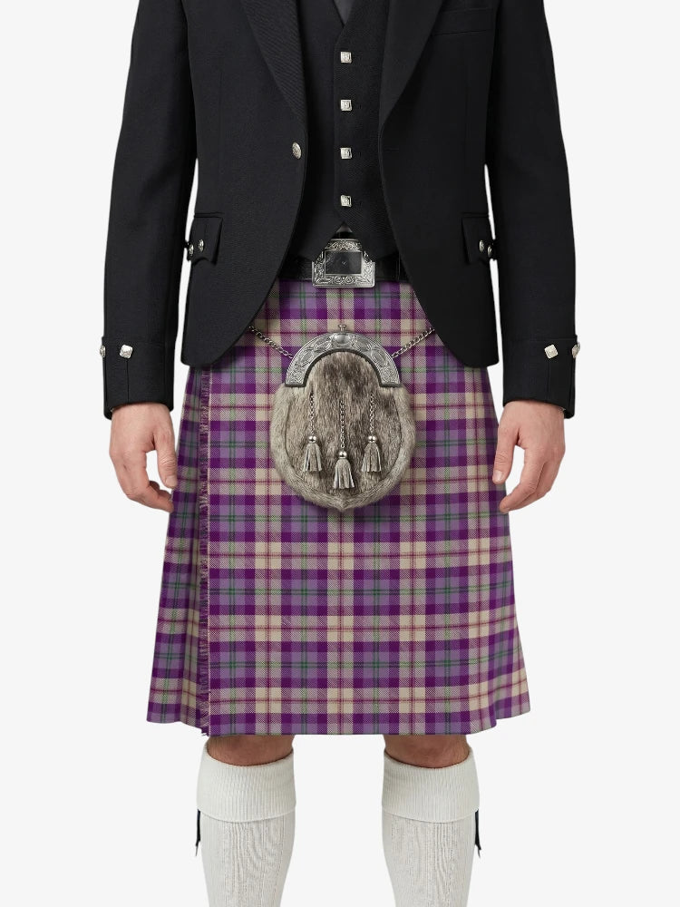 Person wearing a traditional Scottish kilt with a purple plaid pattern on a white background