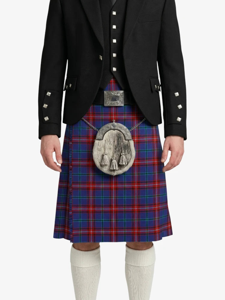 Person wearing a traditional Scottish kilt with a tartan pattern on a white background