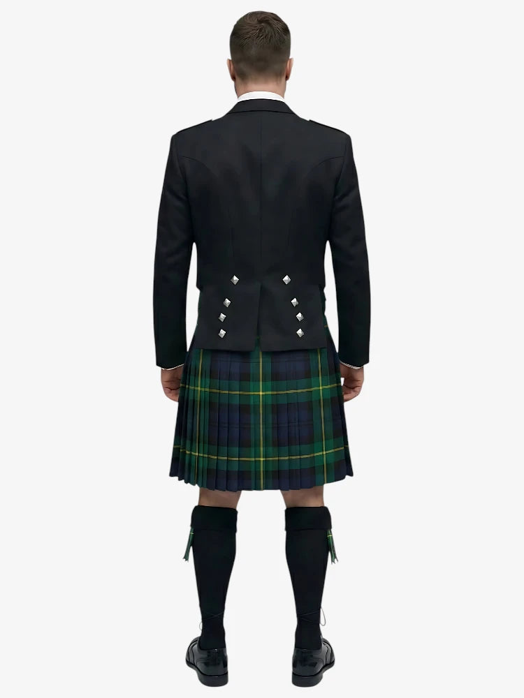 Person wearing a black prince charlie jacket and gordon tartan plaid kilt on a white background