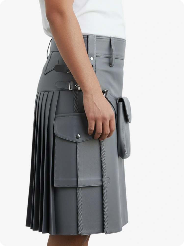 Grey Leather Pleated Kilt with Belt Loops & Side Straps