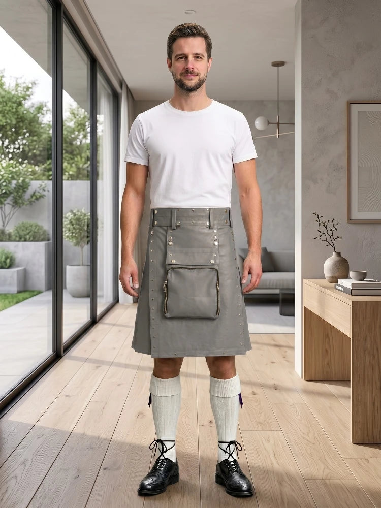 Grey Leather Utility Kilt Front Side