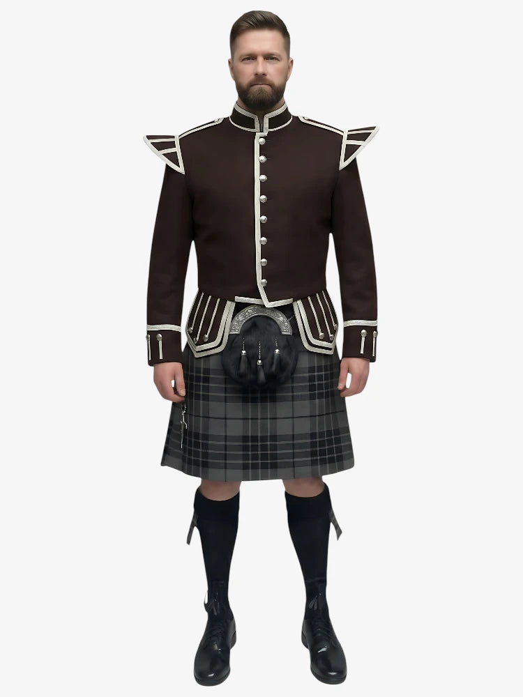 Grey Watch Tartan Doublet Kilt Outfit with Dark Brown Jacket