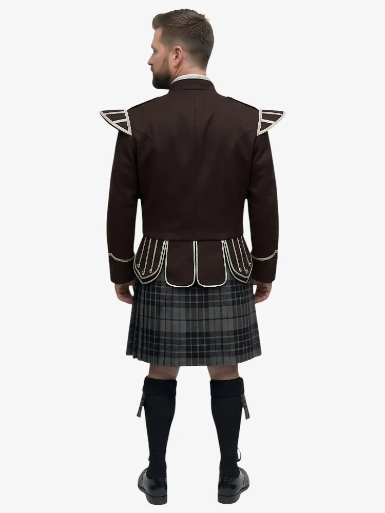 Grey Watch Tartan Doublet Kilt Outfit with Dark Brown Jacket