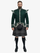 Grey Watch Tartan Doublet Kilt Outfit with Dark Green Jacket with Grey Background