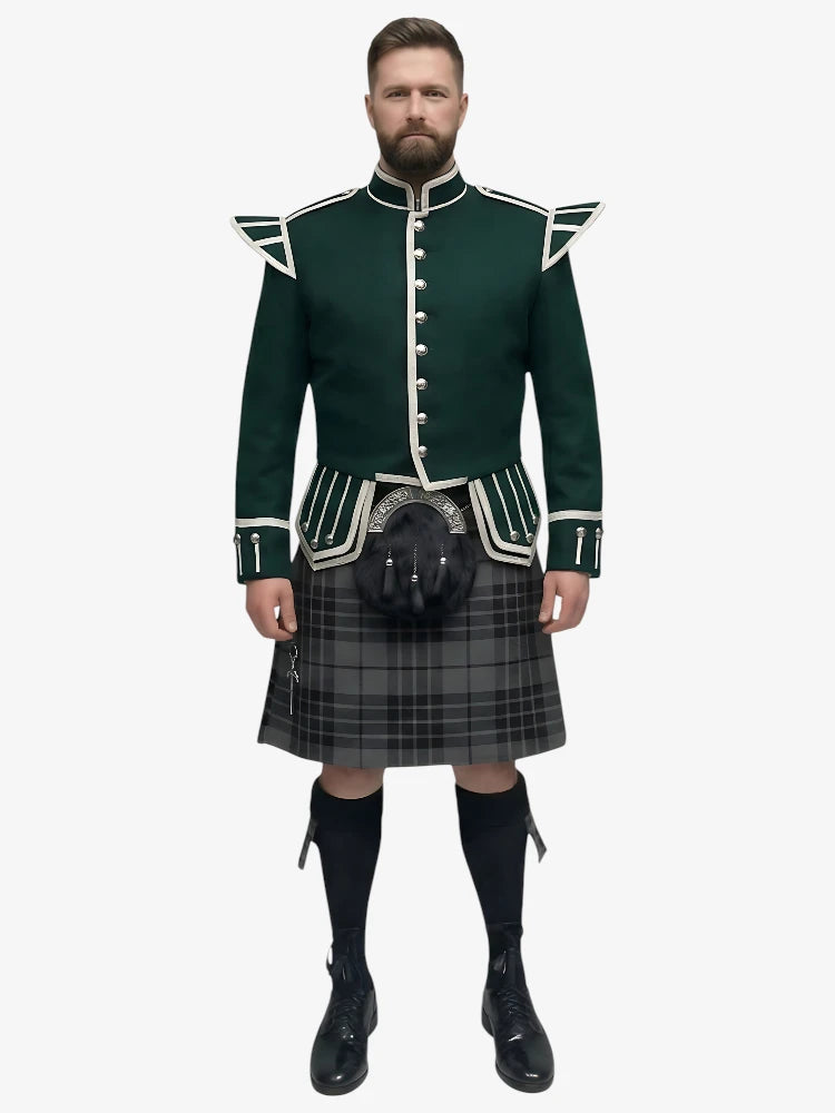 Grey Watch Tartan Doublet Kilt Outfit with Dark Green Jacket