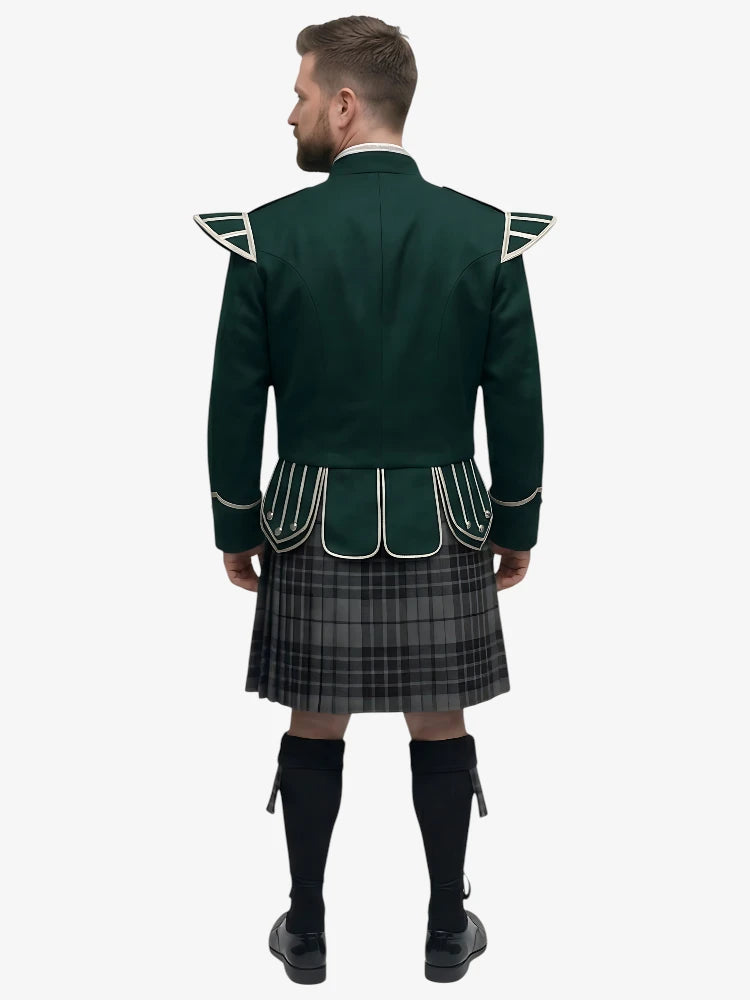 Grey Watch Tartan Doublet Kilt Outfit with Dark Green Jacket