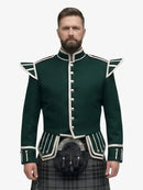 Grey Watch Tartan Doublet Kilt Outfit with Dark Green Jacket Front View with Light Grey Background