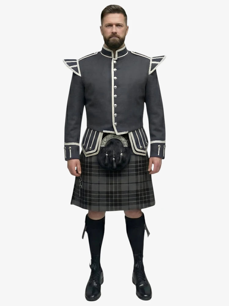 Grey Watch Tartan Doublet Kilt Outfit with Dark Grey Jacket