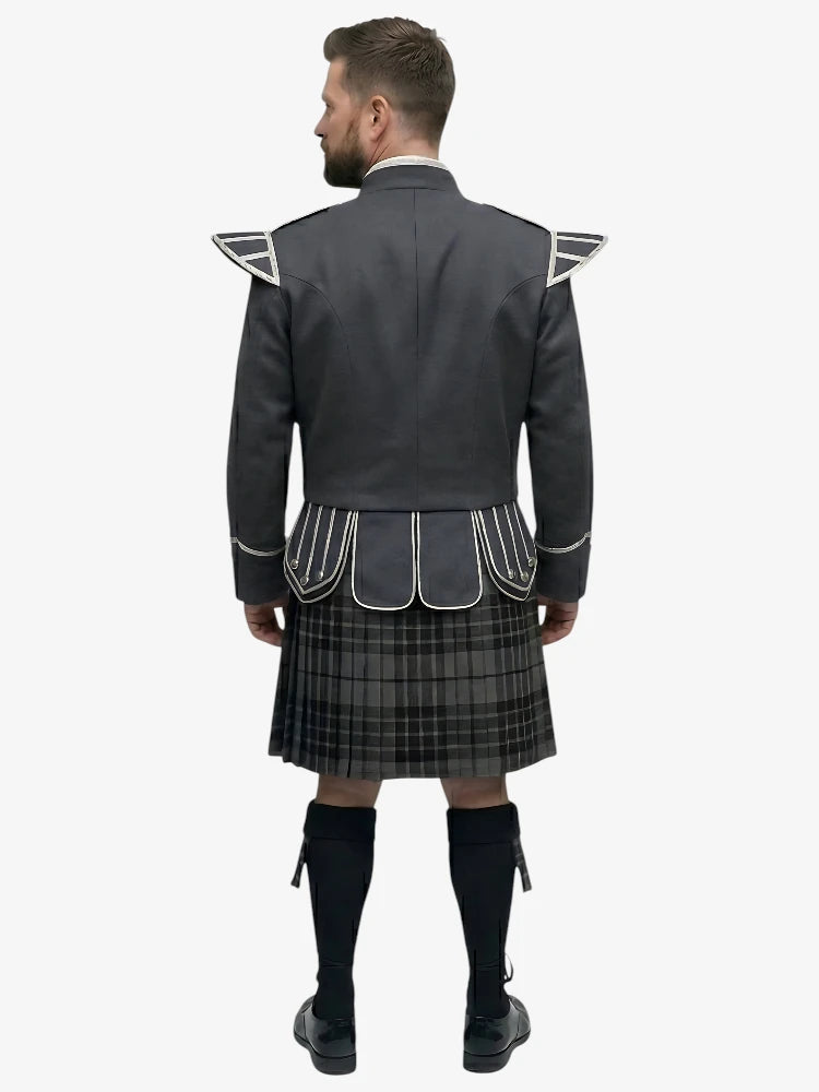 Grey Watch Tartan Doublet Kilt Outfit with Dark Grey Jacket