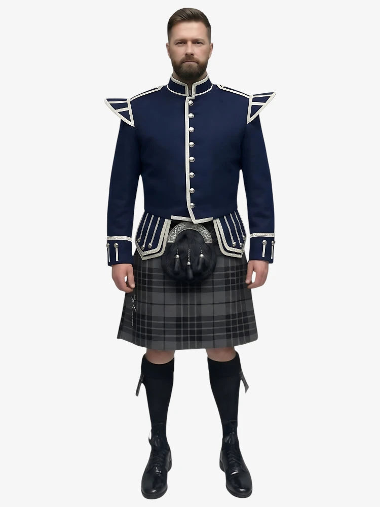 Grey Watch Tartan Doublet Kilt Outfit with Navy Blue Jacket