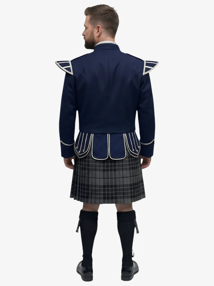 Grey Watch Tartan Doublet Kilt Outfit with Navy Blue Jacket