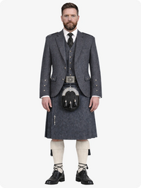 Man wearing a traditional Scottish kilt with a gray jacket and white shirt on a white background