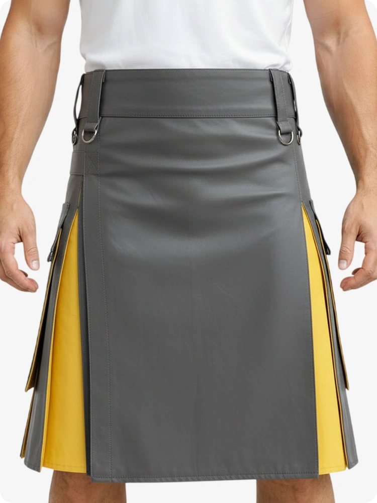 Grey & Yellow Leather Utility Kilt with Cargo Pockets